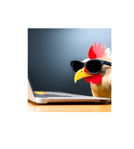Little Writing Hen: chicken wearing sunglasses while staring at a laptop screen. AI image | Canva