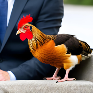 AI chicken standing next to a seated person wearing a business suit.