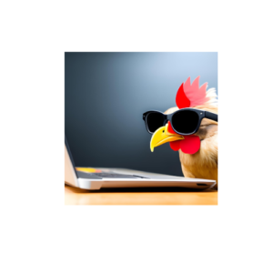 Little Writing Hen: chicken wearing sunglasses while staring at a laptop screen. AI image | Canva