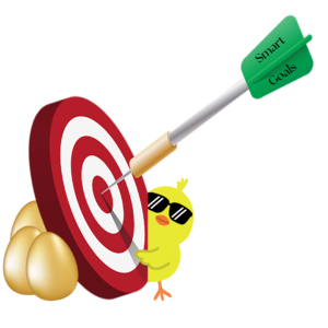 Smart goals: arrow centered in a bullseye with a chick peeking around the edge and golden eggs behind the target.